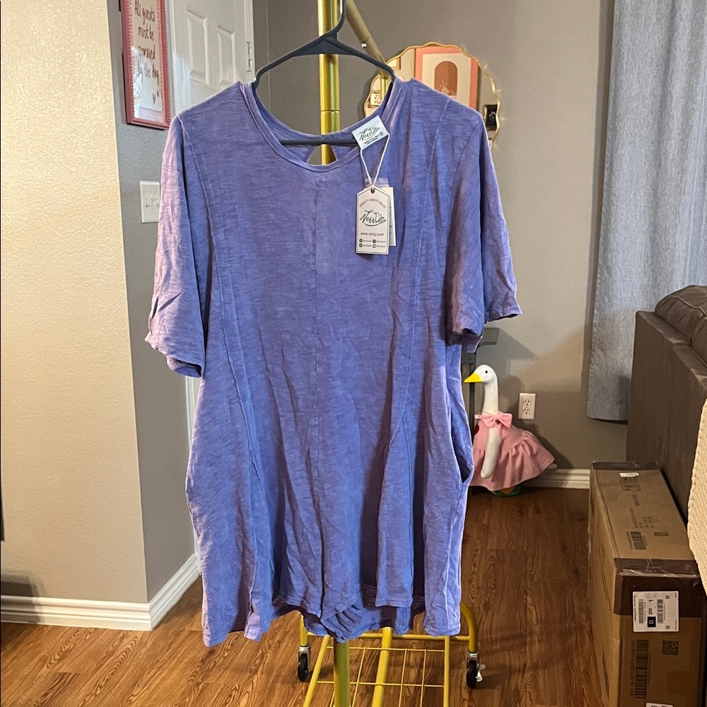 Very J Lavender Short-Sleeve Tunic Jumpsuit